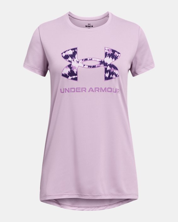 เสื้อแขนสั้น UA Tech™ Print Fill Big Logo สำหรับเด็กผู้หญิง in Purple image number 0